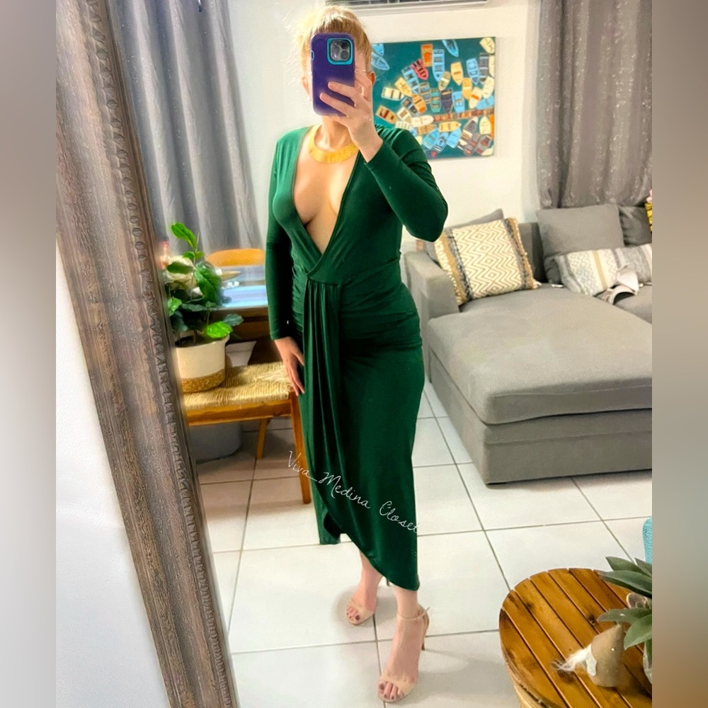 Sexy Plunging V-neck Draped Bodycon Long Sleeve Asymmetrical Dress